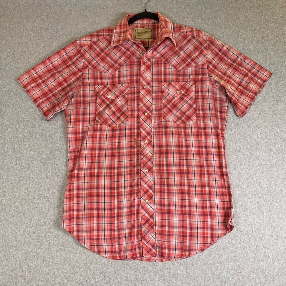 Wrangler Mens Size Large Western Button Front Shirt Red Plaid Short Sleeve